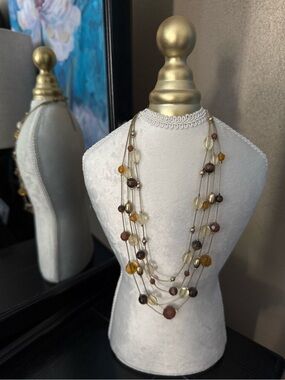 Vintage Multi-Strand Beaded Necklace in Amber, Chocolate Brown & Cream